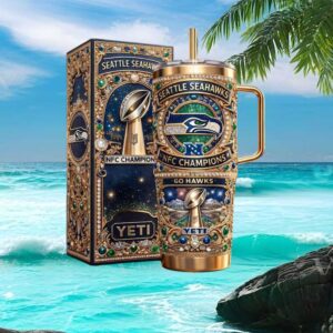 Luxury Seattle Seahawks NFC Champions Gold Filigree 40oz Tumbler with Box