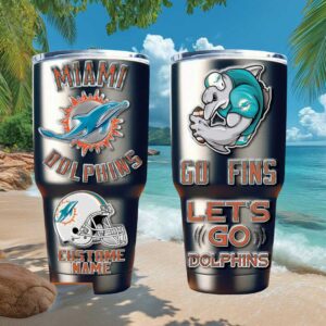 Miami Dolphins Go Fins Personalized Name & Number Travel Mug