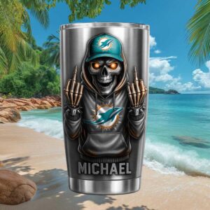 Miami Dolphins Skeleton Middle Finger Custom Name Insulated Travel Mug