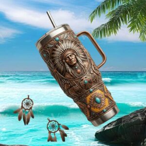 Native American Chief Warrior Embossed Turquoise Detail 40oz Tumbler