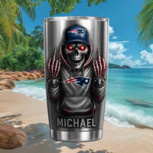 New England Patriots Skeleton Middle Finger Custom Name Tumbler Cup