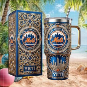 New York Mets Luxury 40oz Tumbler Embossed Gold & Blue Skyline Edition