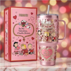 Peanuts Be My Valentine Charlie Brown Pink 3D Embossed 40oz Tumbler
