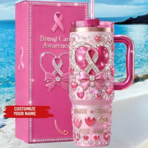 Personalized Breast Cancer Awareness Pink Ribbon Faith Strength Tumbler