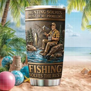 Personalized Fishing & Hunting Solves My Problems Custom Name Wood Style Tumbler