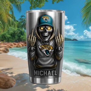 Personalized Jacksonville Jaguars Skeleton Middle Finger 20oz Tumbler