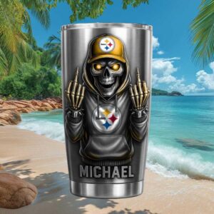 Personalized Pittsburgh Steelers Skull Middle Finger Stainless Steel Tumbler