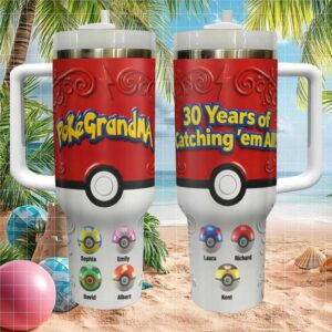 Personalized PokéGrandma 30 Years of Catching 'em All 40oz Tumbler Custom Grandkids Names Pokéball Travel Tumbler