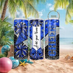 Personalized Royal Blue Cheerleader Megaphone and Pom Poms Tumbler Wrap