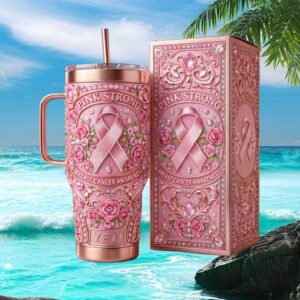 Pink Strong Breast Cancer Awareness Ribbon & Roses Floral Crystal Tumbler