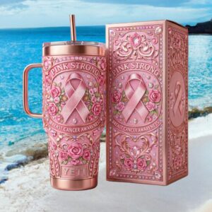 Pink Strong Breast Cancer Awareness “You Are Not Alone” Jeweled Rose Gold Tumbler
