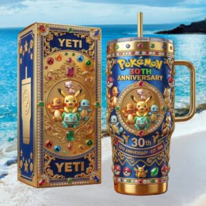 Pokémon 30th Anniversary Limited Edition Gold Ornate Tumbler Set Pikachu, Mew & Kanto Starters Design