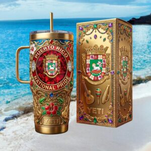 Puerto Rico National Pride 3D Embossed Gold Luxury Tumbler with Handle