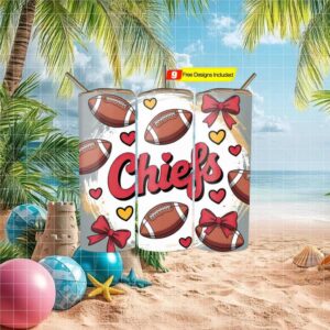 Retro Chiefs Football Tumbler Wrap Design with Red Bows and Hearts