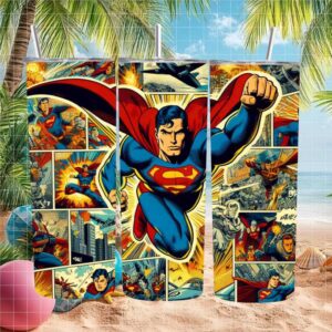 Retro Superman Flying Action Comic Collage Tumbler Design