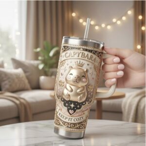 Royal Capybara “Keep It Cozy” Gold Embossed 40oz Tumbler with Straw