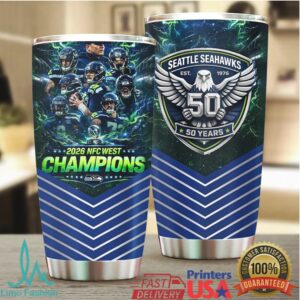 Seattle Seahawks 50 Years Est. 1976 NFC West Champions Commemorative Football Tumbler Seattle Seahawks 50 Years Est. 1976 NFC West Champions Commemorative Football Tumbler