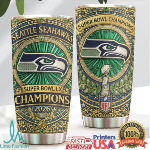 Seattle Seahawks Super Bowl LX Champions 2026 Gold Filigree 20oz Tumbler Seattle Seahawks Super Bowl LX Champions 2026 Gold Filigree 20oz Tumbler