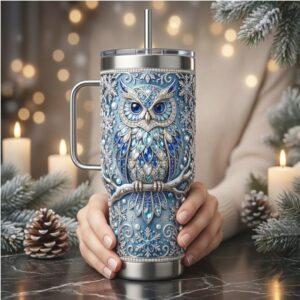 Silent Guardian Blue Diamond Owl 3D Effect 40oz Tumbler with Handle