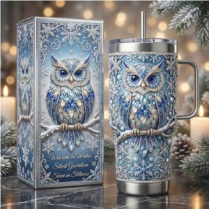 Sparkling Winter Wisdom Blue Jeweled Owl 40oz Insulated Tumbler
