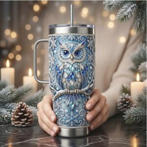 Sparkling Winter Wisdom Blue Jeweled Owl 40oz Insulated Tumbler