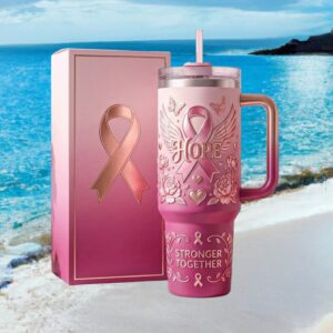 Stronger Together Pink Ribbon Floral Wings Awareness Tumbler