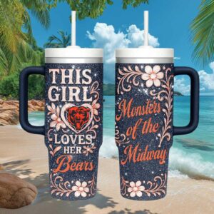 This Girl Loves Her Bears Navy and Orange Glitter 40oz Insulated Cup