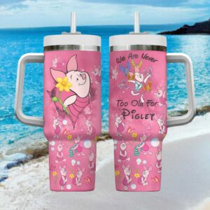 Too Old For Piglet Pink Butterfly Design Insulated Tumbler with Handle