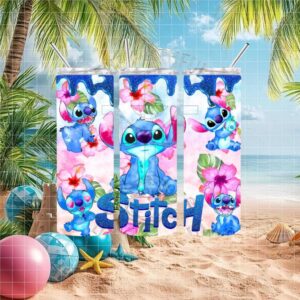 Tropical Stitch Hibiscus Flowers and Blue Drip Tumbler Wrap Design