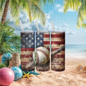 Vintage American Flag Baseball and Bat Grunge Style Tumbler