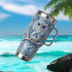 Winter Blue Owl Diamond & Snowflake 3D Jeweled Luxury Tumbler