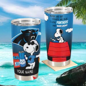 Custom Name Snoopy Carolina Panthers Bud Light Blue & Black Tumbler