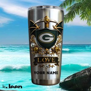 Green Bay Packers Custom Name Fan Gift Retro Gold Shield Stainless Steel Insulated Tumbler