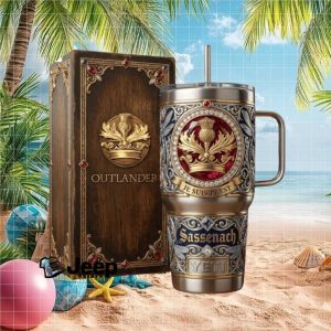 Outlander Sassenach Je Suis Prest Scottish Thistle Crest Luxury Engraved Silver Tumbler