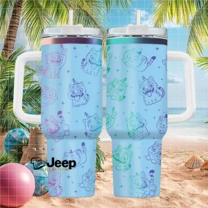 Whimsical Cartoon Cat Pattern Pastel Blue 40oz Insulated Travel Tumbler with Handle.jfif