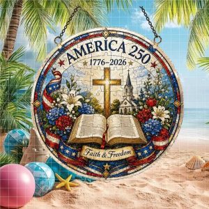 America 250 Faith and Freedom Bible & Cross Patriotic Anniversary Ornament