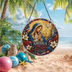 America 250 Years Blessed Virgin Mary Stained Glass Style Patriotic DeOrnament