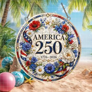 America 250th Anniversary 1776 2026 Floral Patriotic Stained Glass Ornament