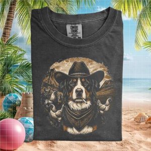 Bernese Mountain Dog Cowboy Hat Chicken Farm Retro T Shirt