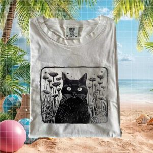 Black Cat Floral Linocut Print Folk Art Botanical Graphic T Shirt