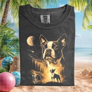 Boston Terrier Dog Vintage Forest Moon Graphic T Shirt