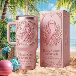 Breast Cancer Awareness Hope Strength Courage Floral Pink Ribbon Stainless Steel Insulated Tumbler