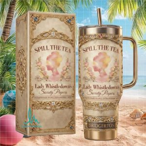 Bridgerton Lady Whistledown Society Papers Spill The Tea Regency Style Fan Gift Stainless Steel Insulated Tumbler