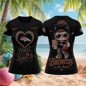 Broncos Cute Kitty Rhinestone Heart Women Football T Shirt