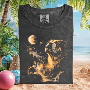 Bulldog Mystic Night Moon and Forest Landscape T Shirt