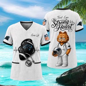 Carolina Panthers Garfield Nurse Strong Heart Medical Scrub T Shirt