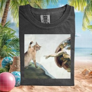 Cat Creation of Adam Funny Renaissance Art Parody Graphic T Shirt