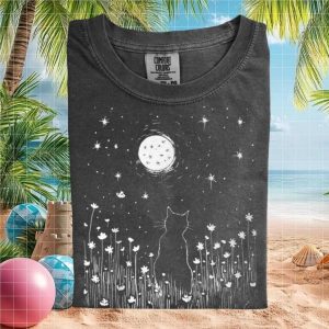 Cat Gazing At Full Moon Meadow Floral Silhouette T Shirt