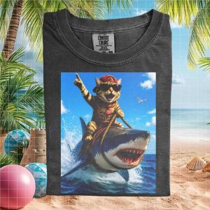 Cat Riding Shark Funny Wild Animal Surfing Ocean T Shirt