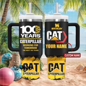 Caterpillar CAT 100 Years Anniversary Logo Custom Name Heritage Black Style 40oz Stainless Steel Insulated Tumbler